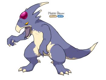 1other beak blue_skin clawed_boots claws colored_skin colored_tongue commentary coolstickarts fakemon forehead_jewel gem gen_1_pokemon golduck highres horns nintendo no_humans open_mouth pokemon pokemon_(creature) purple_tongue red_gemstone redesign simple_background slit_pupils solo standing tail tongue white_background yellow_eyes