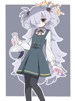 1girl apricotlemontea black_pantyhose blue_archive brown_ribbon diagonal-striped_ribbon dress flask grey_dress hair_over_one_eye halo highres holding holding_flask kanoe_(blue_archive) light_smile long_hair looking_at_viewer messy_hair orange_eyes orange_halo pantyhose pinafore_dress ribbon round-bottom_flask scar scar_on_neck simple_background sleeveless sleeveless_dress solo two-tone_background very_long_hair white_hair