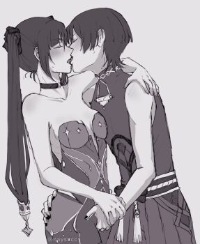 1boy 1girl bare_shoulders belt blunt_bangs blunt_ends blush bodystocking bodysuit bow breasts choker cleavage closed_eyes clothing_cutout collarbone couple crotch_grab fingernails french_kiss genshin_impact hair_between_eyes hakama hakama_shorts hand_on_another&#039;s_ass hand_on_another&#039;s_shoulder hetero highres hip_vent holding_another&#039;s_wrist japanese_clothes kiss leotard long_hair mandarin_collar mona_(genshin_impact) mona_(pact_of_stars_and_moon)_(genshin_impact) monochrome naysucc pleated_shorts ponytail_holder ribs rope sash scaramouche_(genshin_impact) shorts sideboob sidelocks sleeveless sleeveless_bodysuit star_(symbol) star_choker star_print strapless strapless_leotard sweat tongue tongue_out twintails twitter_username upper_body wanderer_(genshin_impact)