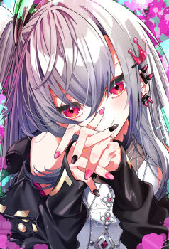 1girl black_jacket commentary_request crown_hair_ornament earclip grey_hair highres hiyashinssu hololive hololive_dev_is interlocked_fingers isaki_riona isaki_riona_(1st_costume) jacket long_hair multicolored_nails red_eyes smile virtual_youtuber