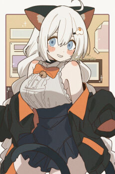 Rule 34 | 1girl, ahoge, animal ears, bare shoulders, bell, black choker, black jacket, blue eyes, blush, border, bow, bowtie, breasts, cat ears, cat tail, choker, commentary request, corn kuten, cowboy shot, egg hair ornament, food-themed hair ornament, frilled shirt, frilled skirt, frills, hair ornament, hairclip, indoors, jacket, jacket partially removed, kizuna akari, long hair, looking at viewer, multicolored jacket, orange bow, orange bowtie, orange jacket, orange thighhighs, shirt, skirt, sleeveless, smile, solo, tail, thighhighs, twitter username, very long hair, voiceroid, white border, white hair, white shirt
