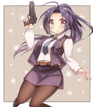 Rule 34 | 1girl, ahoge, belt, black pantyhose, blue hair, blush, brown pantyhose, female focus, gun, handgun, idolmaster, idolmaster (classic), long hair, miura azusa, necktie, pantyhose, pistol, police, ponytail, red eyes, skirt, smile, solo, star (symbol), van-s, vest, weapon
