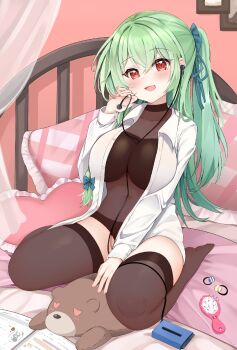 1girl arlene_(ju) bed black_panties blush bow breasts brown_thighhighs chinese_commentary commentary_request earbuds earphones green_hair hair_between_eyes hair_bow heart heart-shaped_eyes highres huanxiang_koudai_meow indie_virtual_youtuber indoors large_breasts long_hair long_sleeves looking_at_viewer on_bed open_clothes open_mouth open_shirt panties pillow red_eyes ribbon second-party_source see-through_clothes shirt sitting smile solo stuffed_animal stuffed_toy teddy_bear thighhighs underwear wariza white_shirt