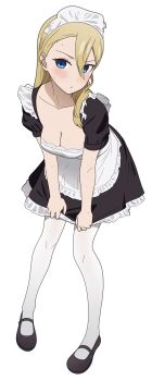 Rule 34 | 1girl, absurdres, apron, black dress, black shoes, blonde hair, blue eyes, blush, breasts, cleavage, closed mouth, commentary, coro fae, dot nose, dress, embarrassed, english commentary, full body, hair between eyes, hayasaka ai, highres, kaguya-sama wa kokurasetai ~tensai-tachi no renai zunousen~, leaning forward, long bangs, long hair, looking at viewer, low neckline, maid, maid apron, maid headdress, mary janes, medium breasts, pantyhose, pigeon-toed, shoes, short sleeves, simple background, single bang, solo, standing, straight hair, v-shaped eyebrows, white apron, white background, white pantyhose