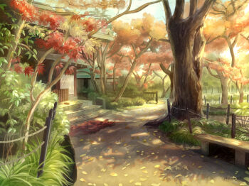 Rule 34 | artist name, bench, building, commentary request, grass, highres, leaf, no humans, okurasato, original, outdoors, scenery, stairs, tree, wire fence, wooden bench