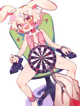 1boy 1other absurdres animal_ears blonde_hair blurry blurry_foreground blush_stickers brown_eyes chair collared_vest commentary_request cuffs dart dartboard dot_nose fang hair_between_eyes hair_ornament handcuffs highres holding_dart male_focus nervous_sweating open_clothes open_mouth open_vest original pink_vest pov pov_hands rabbit_boy rabbit_ears scared simple_background star-shaped_pupils star_(symbol) star_hair_ornament sweat swivel_chair symbol-shaped_pupils uenomigi vest white_background