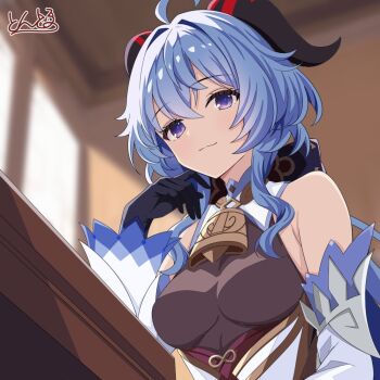 1girl ahoge bare_shoulders bell black_gloves blue_hair breasts detached_sleeves ganyu_(genshin_impact) genshin_impact gloves gold_trim horns light_smile long_hair looking_at_viewer medium_breasts neck_bell purple_eyes sidelocks signature solo table ton_ton_tontoro upper_body white_sleeves