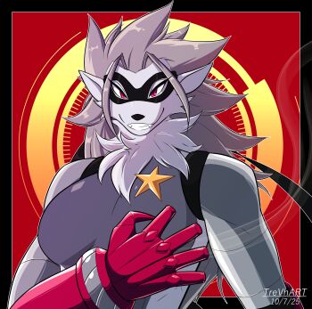 1girl digimon digimon_(creature) fangs furry furry_female looking_at_viewer smile star_(symbol) trevhart wolvermon