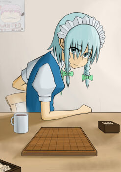 1girl bad_id bad_pixiv_id blue_eyes board_game braid coffee_pot commentary_request dress eyes_visible_through_hair female_focus from_side hair_ribbon izayoi_sakuya maid_headdress okahi pinafore_dress pov_across_table puffy_short_sleeves puffy_sleeves remilia_scarlet ribbon shogi short_hair short_sleeves shouji silver_hair sitting sleeveless sleeveless_dress sliding_doors smile solo table touhou tress_ribbon twin_braids wanted_poster