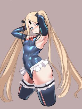 1girl 9is abigail_williams_(fate) abigail_williams_(second_ascension)_(fate) absurdres armpits arms_up black_ribbon blonde_hair blue_eyes blue_one-piece_swimsuit blue_thighhighs blush bow bowtie breasts brown_background casual_one-piece_swimsuit commentary_request cosplay dead_or_alive dead_or_alive_5 dead_or_alive_xtreme elbow_gloves fate/grand_order fate_(series) frilled_one-piece_swimsuit frilled_thighhighs frills from_side gloves hair_ornament hair_ribbon highres keyhole long_hair looking_at_viewer marie_rose marie_rose_(cosplay) marie_rose_(devilish_servant_against_the_splashing_waves) one-piece_swimsuit parted_bangs red_bow red_bowtie ribbon shiny_clothes simple_background sketch small_breasts solo swimsuit thighhighs twintails very_long_hair x_hair_ornament