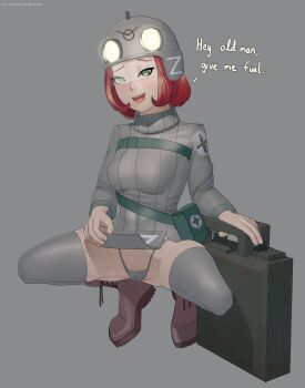 1girl ambulance blush boots breasts buhanka-chan cameltoe clothes_lift combat_helmet cross dress dress_lift facing_viewer female_focus full_body gas_can green_eyes grey_background grey_headwear grey_panties grey_thighhighs helmet highleg highleg_panties highres lifting_own_clothes looking_at_viewer medical_equipment medium_breasts micro_panties military military_uniform panties personification red_hair russo-ukrainian_war self_exposure short_hair simple_background solo spread_legs squatting text_focus thighhighs thong uaz-452 uaz_(logo) underwear visor z_(symbol)