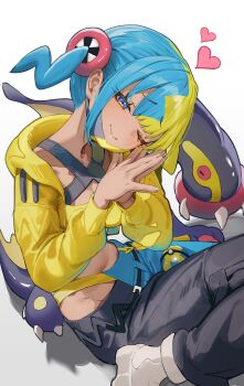 1girl absurdres aqua_hair bandeau black_mask blonde_hair blue_eyes blush breasts canari_(pokemon) closed_mouth collarbone colored_sclera criss-cross_straps dark-skinned_female dark_skin eel eelektross fish gen_5_pokemon heart highres jacket kerno lamprey long_sleeves looking_at_viewer mask mask_pull mouth_mask multicolored_hair navel nintendo one_eye_closed pants pokemon pokemon_(creature) pokemon_legends:_z-a red_sclera short_twintails smile split-color_hair sports_bra twintails two-tone_hair two-tone_mask two-tone_pants yellow_bandeau yellow_jacket yellow_mask yellow_sports_bra