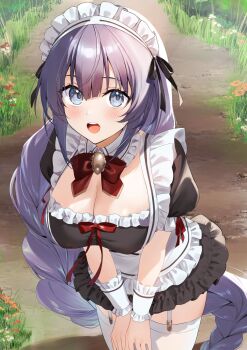 1girl :o black_bow black_dress blush bow bowtie braid collar commentary_request cowboy_shot day detached_collar dress flower fluffy_hair frilled_dress frilled_sleeves frills garter_straps grass grey_eyes hair_between_eyes hair_bow hands_on_own_thighs highres kasumi_komo leaning_forward long_bangs long_hair looking_at_viewer maid maid_headdress multicolored_dress open_mouth original outdoors path puffy_short_sleeves puffy_sleeves purple_hair red_bow red_bowtie red_flower road short_dress short_sleeves single_braid solo standing sunlight teeth thighhighs upper_teeth_only very_long_hair white_collar white_dress white_flower white_garter_straps white_thighhighs wrist_cuffs zettai_ryouiki