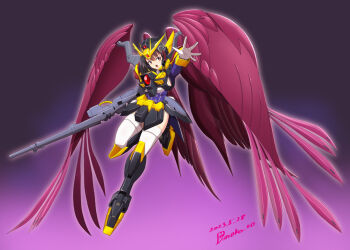 1girl black_hair brown_eyes dated full_body gloves gradient_background gun gundam_wing:_endless_waltz haguro_(kancolle) hair_ornament hairclip kantai_collection looking_at_viewer mecha_musume moke_ro purple_wings rifle short_hair solo super_robot_wars super_robot_wars_dd thighhighs twitter_username weapon white_thighhighs wing_gundam_zero_rebellion wings
