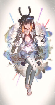 1girl absurdres advarcher ascot asymmetrical_sleeves black_hair center_opening closed_eyes double_bun dress dress_flower feet flower full_body gauntlets glowing_flower gradient_hair hair_bun highres hololive hololive_english long_hair mole mole_under_eye multicolored_hair ninomae_ina&#039;nis ninomae_ina&#039;nis_(ina_the_hero) official_alternate_costume official_alternate_hairstyle orange_hair single_gauntlet solo stirrup_legwear takodachi_(ninomae_ina&#039;nis) tentacle_hair toeless_legwear toes twintails_with_hair_base virtual_youtuber white_ascot white_dress