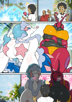 2girls ? age_difference assertive_female black_eyes blue_sclera blush breasts cameltoe colored_sclera crossed_arms eye_contact eyelashes furry furry_female gen_5_pokemon gen_7_pokemon heart heart-shaped_pupils holding holding_poke_ball huge_breasts imminent_penetration looking_at_another multiple_girls nenbuta nintendo outdoors palm_tree poke_ball pokemon primarina scolipede shiny_skin shirt size_difference smile standing starfish starfish_bikini sweat symbol-shaped_pupils thick_thighs thighs tree white_shirt yellow_sclera