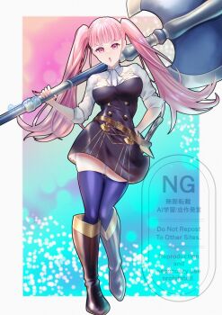 1girl axe battle_axe belt black_boots black_dress blue_thighhighs boots border breasts commentary dress fire_emblem fire_emblem:_three_houses garreg_mach_monastery_uniform highres hilda_valentine_goneril holding holding_axe knee_boots large_breasts long_hair looking_at_viewer nintendo open_mouth outside_border pink_eyes pink_hair ponpoko89 skindentation solo thick_thighs thighhighs thighs twintails very_long_hair weapon white_border