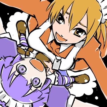 Rule 34 | 3girls, :d, apron, blonde hair, breasts, brown hair, brown shoes, closed eyes, commentary request, crying, dog tags, dress, from above, futaba channel, girl sandwich, hair between eyes, hidoi, imuhata shimuro, kudoi, long sleeves, lowres, maid, maid apron, maid headdress, medium breasts, multiple girls, nijiura maids, open mouth, pantyhose, purple dress, purple eyes, purple hair, red dress, ringed eyes, sandwiched, shoes, short hair, short sleeves, smile, streaming tears, striped clothes, striped pantyhose, tears, white apron, yakui, yellow eyes