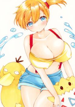 1girl asymmetrical_hair bare_shoulders blue_eyes blue_shorts blush breasts cleavage closed_mouth collarbone covered_erect_nipples creature denim denim_shorts gen_1_pokemon gen_2_pokemon hair_tie highres holding holding_creature holding_pokemon large_breasts looking_at_viewer misty_(pokemon) nintendo orange_hair pokemon pokemon_(anime) pokemon_(classic_anime) pokemon_(creature) ponytail portrait psyduck shirt short_hair short_shorts shorts side_ponytail suspender_shorts suspenders suzu_(o_o1219) tank_top togepi water yellow_shirt yellow_tank_top
