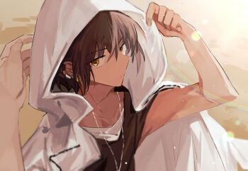 Rule 34 | 1boy, arknights, bishounen, black hair, black shirt, brown eyes, brown hair, closed mouth, commentary request, dark-skinned male, dark skin, ear piercing, earclip, hair between eyes, highres, hood, hood up, jacket, jewelry, looking at viewer, male focus, marumarukin, necklace, piercing, rainbow, shirt, short hair, solo, tank top, thorns (arknights), upper body, white jacket