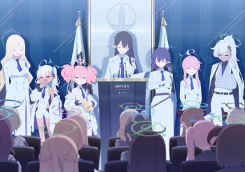 6+girls antenna_hair aoi_(blue_archive) arms_behind_back artist_request ayumu_(blue_archive) bandaged_arm bandages bandaid bandaid_on_face bare_shoulders black_hair blue_archive blue_hair blue_halo blue_necktie braid brown_hair character_request chips_(food) clenched_hand closed_eyes closed_mouth colored_inner_hair food forehead game_cg green_halo hair_between_eyes half_up_braid half_updo halo highres holding holding_food horns jacket kaya_(blue_archive) long_hair long_skirt momoka_(blue_archive) multicolored_hair multiple_girls necktie non-web_source official_art open_clothes open_jacket open_mouth pants pink_hair pink_halo pointy_ears ponytail potato_chips rin_(blue_archive) shirt short_hair short_twintails shorts skirt sleeveless sleeveless_shirt twintails two-tone_hair white_jacket white_pants white_shirt white_shorts white_skirt yawning yellow_halo
