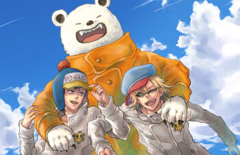 Rule 34 | 3boys, bear, bepo (one piece), blonde hair, blue sky, cloud, commentary request, dutch angle, heart pirates jolly roger, jumpsuit, male focus, multiple boys, one eye closed, one piece, open mouth, orange jumpsuit, penguin (one piece), shachi (one piece), sharp teeth, sky, smile, sunglasses, teeth, upper body, white jumpsuit, yoico-ueda