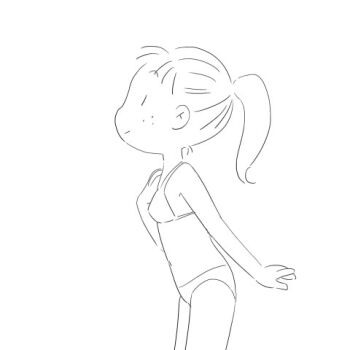 1girl animated animated_gif bikini breasts freckles leaning_forward long_hair looking_up monochrome navel original ponytail sketch small_breasts smile standing swimsuit wind yamanokonza