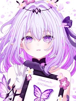 1girl bare_shoulders blush bug butterfly castorice_(honkai:_star_rail) commentary english_commentary flower gloves hair_between_eyes highres hitsuki_(ruon) holding honkai:_star_rail honkai_(series) insect long_hair looking_at_viewer parted_lips pointy_ears purple_butterfly purple_eyes purple_flower purple_gloves purple_hair solo thank_you twitter_username upper_body very_long_hair