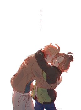 1boy 1girl blonde_hair blue_pants blush brown_hair closed_eyes closed_mouth commentary_request gradient_hair grey_pants hair_bun harmony_(pokemon) height_difference highres hug illycia jacket long_sleeves multicolored_hair nintendo open_mouth pants pink_hair pocket pokemon pokemon_legends:_z-a profile simple_background single_hair_bun smile translation_request urbain_(pokemon) white_background