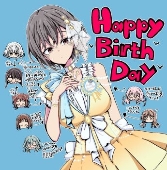 6+girls ^_^ aqua_hair bang_dream! bang_dream!_it&#039;s_mygo!!!!! black_hair blue_background blush breasts brown_hair chihaya_anon closed_eyes commentary_request cone_hair_bun dress fang grey_hair hair_bun happy_birthday hazawa_tsugumi hikawa_hina kaname_raana medium_breasts multiple_girls nagasaki_soyo open_mouth pink_hair ryu_minbs shiina_taki short_hair simple_background sleeveless sleeveless_dress takamatsu_tomori toyama_kasumi translation_request white_hair yellow_dress
