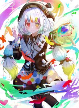 1girl aijaing333 artist_painter beret black_jacket black_pantyhose black_ribbon black_skirt bow bug butterfly closed_mouth drawing_(action) feet_out_of_frame hat heterochromia highres insect jacket jogasaki_noah long_hair long_sleeves looking_at_viewer mahou_shoujo_no_majo_saiban multi-tied_hair multicolored_hair neck_ribbon paint paintbrush pantyhose polka_dot polka_dot_bow red_butterfly red_eyes ribbon skirt smile solo sparkle standing streaked_hair white_hair yellow_eyes