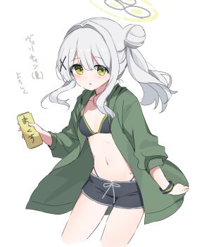 1girl absurdres alternate_costume alternate_hairstyle bikini bikini_bottom_under_shorts bikini_under_clothes black_bikini black_halo black_shorts blue_archive breasts can collarbone commentary_request cowboy_shot cropped_legs double-parted_bangs green_halo green_jacket grey_hair hair_between_eyes hair_bun hair_intakes halo hare_(blue_archive) highres holding holding_can jacket mochigome_(ununquadium) navel open_clothes open_jacket short_shorts shorts sidelocks simple_background small_breasts solo stomach string_bikini swimsuit translation_request twintails white_background