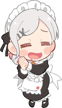 Rule 34 | 1girl, :d, = =, apron, black dress, black shoes, blush, ceras yanagida lilienfeld, chibi, chibi only, cho toutoi love, double bun, dress, drooling, frilled apron, frills, full body, game cg, grey hair, hair bun, hair ornament, interlocked fingers, juliet sleeves, link! like! love live!, long dress, long hair, long sleeves, love live!, maid, maid apron, maid headdress, mary janes, mouth drool, non-web source, official art, open mouth, own hands clasped, own hands together, pantyhose, puffy sleeves, sakuma yoru, self-datamine, shoes, simple background, smile, solo, tachi-e, transparent background, very low bun, virtual youtuber, white apron, white pantyhose, x hair ornament
