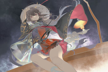 1girl abstract_background alternate_costume arknights arm_on_own_head bare_legs brown_hair ch&#039;en_(arknights) cloak dragon_girl dragon_horns dragon_tail dress dutch_angle feet_out_of_frame hair_between_eyes hat highres horns horns_through_headwear long_hair long_sleeves oil_lamp parted_lips print_cloak red_dress red_eyes samo_(shichun_samo) see-through_clothes side_slit sitting solo sword tail tassel weapon wide_brim