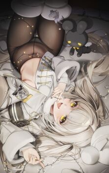 1girl :d absurdres arm_up armband bed_sheet black_armband blanc_(fortune_express)_(nikke) blanc_(nikke) blunt_bangs boots breasts brown_pantyhose christmas_lights commentary cowboy_shot crotch_seam fang fingernails fur-trimmed_boots fur-trimmed_jacket fur-trimmed_sleeves fur_trim goddess_of_victory:_nikke grey_hair hair_ornament hand_to_own_mouth hand_up hat highres jacket knees_up long_hair long_sleeves looking_at_viewer lying nail_art navel no_bra no_pants official_alternate_costume on_back on_bed open_mouth panties panties_under_pantyhose pantyhose partially_unbuttoned skin_fang small_breasts smile solo star_(symbol) star_hair_ornament stuffed_animal stuffed_rabbit stuffed_toy thigh_boots thigh_gap twintails underboob underwear unworn_hat unworn_headwear upside-down very_long_hair white_boots white_hat white_jacket white_nails white_panties white_pantyhose wide_sleeves y_unevenness yellow_eyes