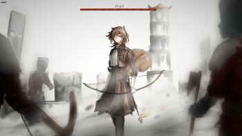 1girl absurdres animal_ears axe ayunda_risu banner bow_(weapon) brown_hair crossbow echo_(echo0delta) flaming_arrow gameplay_mechanics gloves green_eyes highres hololive hololive_indonesia illager_(minecraft) jacket minecraft squirrel_ears squirrel_girl squirrel_tail tail virtual_youtuber weapon