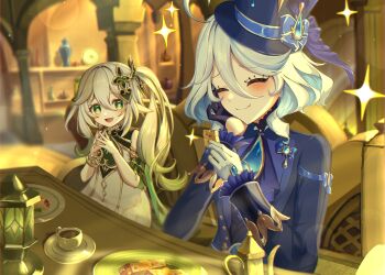 2girls absurdres ahoge aqua_eyes asymmetrical_gloves black_gloves blue_eyes blue_hair blue_hat blush bracelet cake cake_slice cheese coffee commentary_request cross-shaped_pupils cup dress drop-shaped_pupils food furina_(genshin_impact) genshin_impact gloves gold_bracelet gradient_hair green_eyes green_hair hair_between_eyes hair_ornament hanamoti_monawa hat highres holding holding_food indoors jewelry leaf_hair_ornament long_hair long_sleeves looking_at_another looking_at_viewer mismatched_gloves mismatched_pupils multicolored_hair multiple_girls nahida_(genshin_impact) open_mouth ouji_fashion plate pointy_ears ponytail side_ponytail sleeveless sleeveless_dress smile solo symbol-shaped_pupils top_hat upper_body very_long_hair white_dress white_gloves white_hair