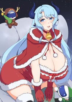 1girl animal_ears astro_(miilkywayz) black_thighhighs blue_eyes breasts commentary cow_ears cow_girl cow_horns dress english_commentary fur-trimmed_dress fur-trimmed_gloves fur_trim gato_gaiden gloves highres horns huge_breasts indie_virtual_youtuber long_hair looking_at_viewer miilkywayz mole mole_on_breast mole_under_mouth open_mouth red_dress red_gloves santa_costume santa_dress second-party_source smile solo thighhighs very_long_hair virtual_youtuber white_hair