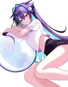 1girl absurdres alternate_costume aqua_hair bubble casual colored_inner_hair cone_hair_bun cropped_shirt eunwoo_(eunwxx) goddess_of_victory:_nikke hair_bun hair_intakes high-waist_shorts highres little_mermaid_(nikke) long_hair multicolored_hair navel shirt shorts simple_background smile solo thighs white_background white_shirt yellow_eyes