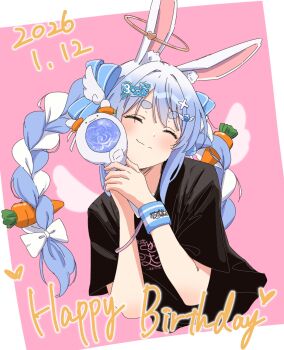 Rule 34 | 1girl, 2026, ama (ama ekaku), animal ear fluff, animal ears, black shirt, blue hair, blush, border, braid, carrot hair ornament, closed eyes, commentary request, dated, english text, food-themed hair ornament, hair ornament, happy birthday, highres, hololive, multicolored hair, pink background, rabbit ears, rabbit girl, shirt, smile, solo, twin braids, two-tone hair, upper body, usada pekora, virtual youtuber, white border, white hair
