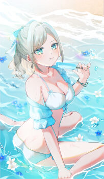 Rule 34 | 1girl, :t, absurdres, beach, bikini, blue eyes, blue jacket, blue ribbon, breasts, ceras yanagida lilienfeld, ceras yanagida lilienfeld (swimsuit), cleavage, collarbone, commentary, food, foot out of frame, frilled jacket, frills, front-tie bikini top, front-tie top, grey hair, hair ribbon, highres, holding, holding food, holding popsicle, jacket, large breasts, link! like! love live!, looking at viewer, love live!, melting popsicle, mochi tsu22, official alternate costume, open clothes, open jacket, ponytail, popsicle, pout, ribbon, short-sleeved jacket, short sleeves, side-tie bikini bottom, single bare shoulder, single hair intake, single off shoulder, sitting, solo, swimsuit, virtual youtuber, wariza, wavy hair, white bikini