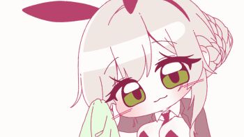 ade_(agent_bunny)_(nikke) ade_(nikke) animal_ears animated animated_gif black_jacket black_leotard blonde_hair blush bonyong breasts chibi cleavage closed_mouth embarrassed fake_animal_ears goddess_of_victory:_nikke green_eyes hair_bun jacket large_breasts leotard looking_at_viewer looking_to_the_side necktie rabbit_ears simple_background smile upper_body white_background