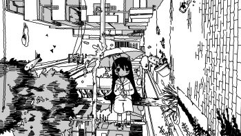 1girl absurdres building emesan_desu fish greyscale highres holding holding_umbrella long_hair long_sleeves monochrome mushroom_on_head outdoors road shimeji_simulation sitting skirt solo street surreal tree tsukishima_shijima umbrella very_long_hair wide_shot