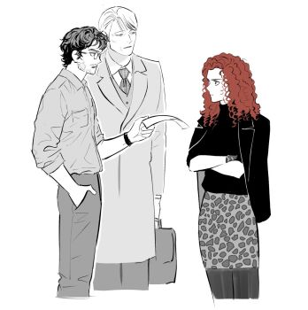 Rule 34 | 1girl, 2boys, animal print, beard stubble, black jacket, black shirt, briefcase, coat, collared shirt, cowboy shot, cropped legs, crossed arms, curly hair, dailysarndean, facial hair, freddie lounds, glasses, grey coat, grey pants, grey pantyhose, grey shirt, hand in pocket, hannibal (tv series), hannibal lecter, hashtag-only commentary, highres, holding, holding briefcase, holding paper, jacket, jacket on shoulders, leopard print, long hair, looking at another, mature male, multiple boys, necktie, pants, pantyhose, paper, plaid clothes, plaid necktie, print skirt, red hair, shirt, short hair, skirt, stubble, suit jacket, talking, white background, white shirt, will graham