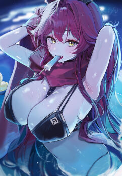 1girl absurdres armpits arms_behind_head arms_up between_breasts bikini black_bikini blance breasts food food_in_mouth goddess_of_victory:_nikke highres large_breasts long_hair looking_at_viewer popsicle popsicle_in_mouth red_hood_(nikke) red_scarf scarf strap_between_breasts swimsuit teeth upper_teeth_only wet yellow_eyes