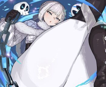 1girl akershus_fortress_(oshiro_project) black_corset black_gloves blue_cape blue_eyes blush bodysuit boots braid cape chain commentary_request commission corset floating_skull fur-trimmed_cape fur_trim gloves grey_hair hair_ornament highres iu15236376 legs_up long_sleeves looking_at_viewer oshiro_project:re parted_lips shirt skeb_commission solo thick_thighs thigh_boots thighs white_bodysuit white_shirt