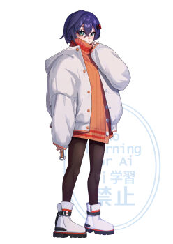 1girl absurdres adjusting_clothes alternate_costume belle_(zenless_zone_zero) blue_hair blush brown_pantyhose closed_mouth commentary crossed_bangs english_commentary full_body green_eyes hair_between_eyes hair_ornament hand_up highres jacket letter_hair_ornament looking_at_viewer open_clothes orange_sweater pantyhose shoes short_hair simple_background smile solo sweater turtleneck turtleneck_sweater white_background white_jacket white_shoes yger zenless_zone_zero