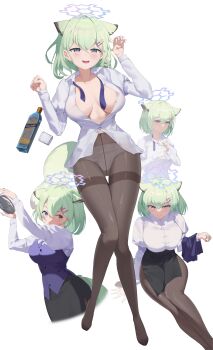 1girl absurdres alternate_costume animal_ears bartender black_pantyhose black_skirt blonde_hair blue_archive blue_halo blue_vest cocktail_shaker commentary_request full_body glass_bottle halo highres holding_cocktail_shaker juliet_sleeves laku_mwa long_sleeves medium_hair multiple_views necktie no_shoes panties panties_under_pantyhose pantyhose partially_unbuttoned pencil_skirt puffy_sleeves shigure_(blue_archive) shirt skirt solo tail underwear undone_necktie vest weasel_ears weasel_girl weasel_tail white_background white_panties white_shirt