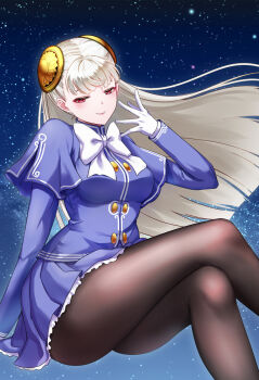 1girl black_pantyhose blue_shirt blue_skirt blush bow bowtie buttons capcom_fighting_jam commentary_request crossed_legs double-breasted dtcy floating_hair gloves gradient_background highres ingrid_(capcom) invisible_chair long_hair looking_at_viewer miniskirt open_mouth pantyhose red_eyes shirt sitting skirt solo star_(sky) starry_sky_background street_fighter street_fighter_zero_(series) white_bow white_bowtie white_gloves white_hair