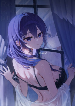 1girl alternate_hairstyle asahina_mafuyu back bare_shoulders black_bra bra breasts cleavage collarbone commentary curtain_grab curtains dated_commentary different_reflection dot_nose from_behind hair_between_eyes hair_down highres holding indoors lace lace_bra large_breasts lingerie long_hair looking_at_viewer looking_back malho parted_lips project_sekai purple_eyes purple_hair rain reflection shirt sideboob sidelocks solo strap_slip twitter_username underwear upper_body watermark wet wet_hair window